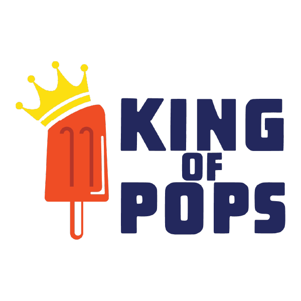 King of pops logo text next to an orange popsicle with a gold crown on it.